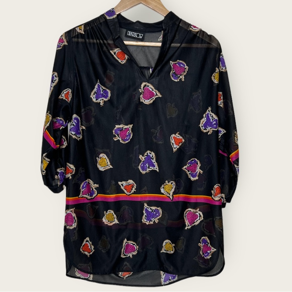Harlow Vintage 80’s/90’s Fruit Pattern 3/4 Sleeve Sheer Blouse Black Size Medium